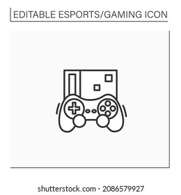 Video game line icon. Electronic gaming. Interaction with user interface or input device. Joystick, console. Esports concept. Isolated vector illustration.Editable stroke