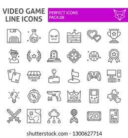 Video game line icon set, play symbols collection, vector sketches, logo illustrations, player signs linear pictograms package isolated on white background, eps 10.