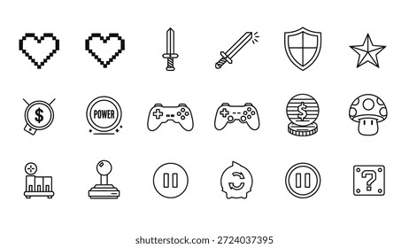 Video Game Line Icon Set - Elementos de juegos y símbolos de arcade retro