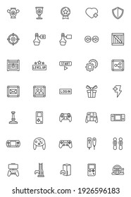 Video game line icons set. linear style symbols collection outline signs pack. vector graphics. Set includes icons - video game console, gamepad controller, vr joystick, retro handheld, steering wheel