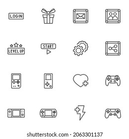 Video game line icons set, outline vector symbol collection, linear style pictogram pack. Signs logo illustration. Set includes icons as gift box, login, level up, start, game console, gamepad control