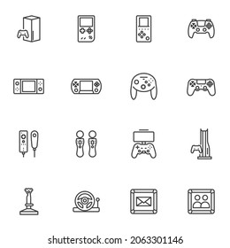 Video game line icons set, outline vector symbol collection, linear style pictogram pack. Signs, logo illustration. Set includes icons as handheld gaming pc, gamepad controller, pc racing wheel