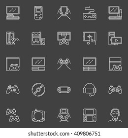 Video game line icons - vector collection of game console, joysticks, gadgets signs. Linear gaming pictograms on dark background