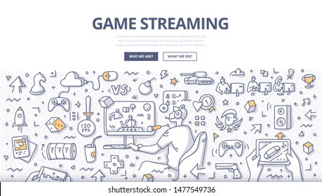 Video game live streaming. Professional gamer young man playing game on home computer. Online streaming business concept. Doodle illustration for web banners, hero images, printed materials