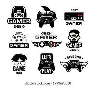 Video game logo set. Emblems with gamer, vintage and modern joystick console controller, headset. Isolated vector illustration for online game label template