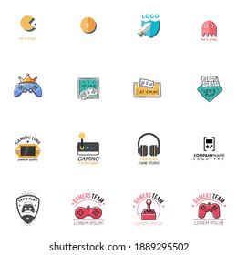 Video game logo set. emblems with gamer, vintage and modern joystick console controller, headset. isolated vector illustration for online game label template 