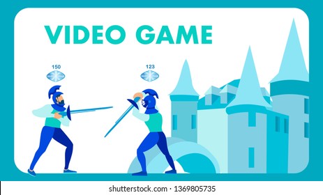 Video Game in Medieval Setting Flat Vector Banner. Knights Standing in Combat Pose Cartoon Characters. Sword Battle, Duel. High Level Heroes PVP. Warriors and Castle Illustration with Typography