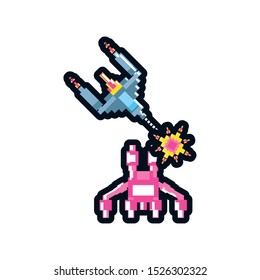 video game monster alien with spaceship pixelated vector illustration design