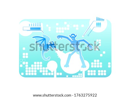 Video game monsters 2D vector web banner, poster. Futuristic playable action. Shooter videogame flat character on cartoon background. Simulator for entertainment. Arcade VR experience colorful scene