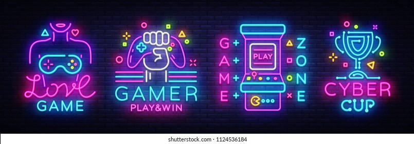 Video Game neon sign collection vector. Conceptual Logos, Love Game, Gamer logo, Game Zone, Cyber sport Emblem in Modern Trend Design, Vector Template, Light Banner, Design Element. Vector