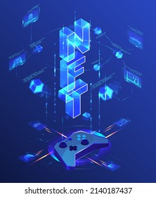 Video game nft vector. Crypto token marketplace. Non-fungible asset and blockchain technology concept. Gamepad and futuristic tech block design