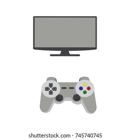 Video game on desktop with two joysticks in flat style on polygonal background. Man overcomes obstacles, climbs on mountains.