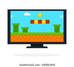 Video game on the LCD panel vector flat material design isolated on white