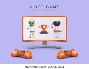 Videojuego, competencia en línea. Duelo digital con otro jugador. El astronauta desafía a los extranjeros. Publicidad de juegos de computadora. Elección de carácter, avatar