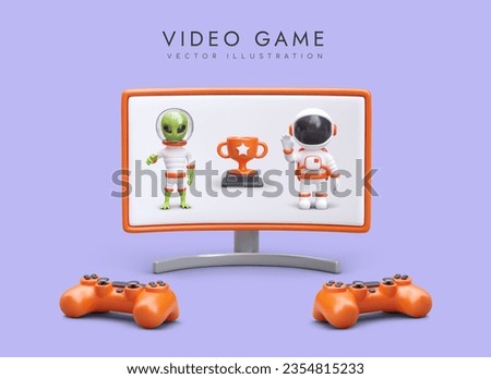 Video game, online competition. Digital duel with another player. Astronaut challenges alien. Advertisement of computer game. Choice of character, avatar