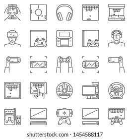 Video game outline vector icons set. PC, Home console, Mobile and Controllers concept symbols in thin line style