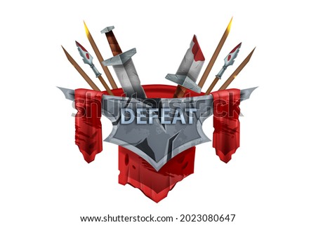 Video game over defeat vector screen badge, medieval lose battle sign, knight broken sword, spear. UI fantasy arcade final banner, level end shield label isolated on white. Stone defeat game concept
