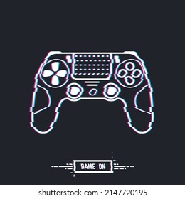 Video game game pad or joystick outline banner. Glitch and distortion blurry effect. Console gamepad banner on black background. Vector illustration for t-shirt prints and other.