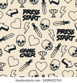 Video game pattern seamless monochrome with retro icons with symbols of death and health or power level vector illustration