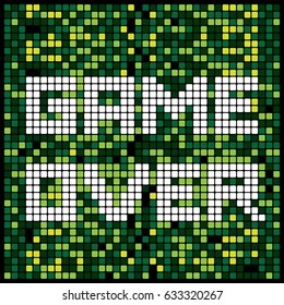 Video game pixel background texture in green. Vector light bitmap pattern backdrop game over message.