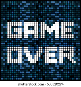 Video game pixel background texture in blue. Vector light bitmap pattern backdrop game over message.