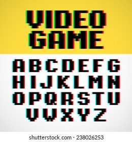 Video game pixel font with distortion. Vector.