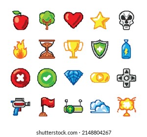 video game pixel icons set