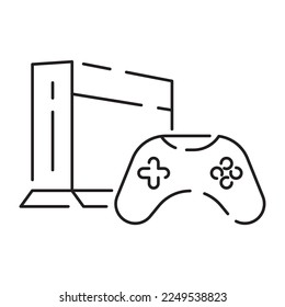 Video game pixel perfect line icon, vector line computer and controller or console. Portable game device 
