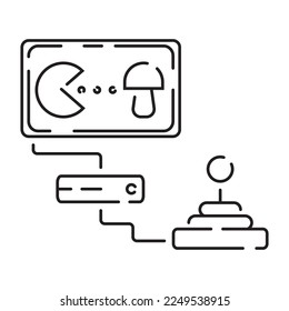 Video game pixel perfect line icon, vector line computer and controller or console. Portable game device 