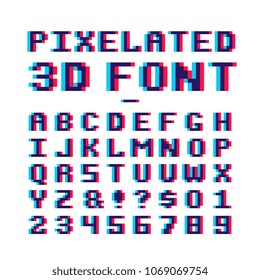 Video game pixelated 3d font. 8 bit pixel art old school latin alphabet with anaglyph distortion effect. Abc retro for game, alphabet pixel and numbe, 8-bit illustration