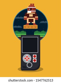 video game pixelated handle console with warrior jump vector illustration design