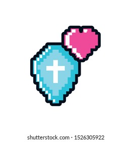 video game pixelated heart with shield vector illustration design