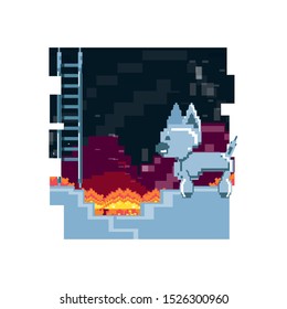 video game pixelated robotic dog in stairs vector illustration design