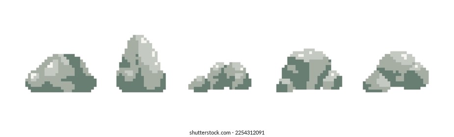 Video game pixelated rock set. 8 bit textures of stone.