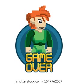 video game pixelated warrior with game over message vector illustration design