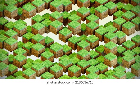 Video Game Pixelized Grass Cubes Floating in the Air. Vector Isometric Illustration