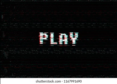 Video Game Play message, 3D glitch, vhs distort effect text, arcade begin vector illustration.