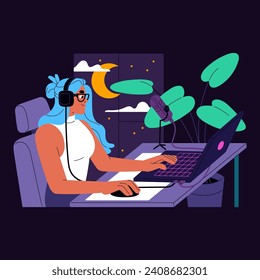 Video game player, gamer plays online. Streamer in headset streaming with microphone. Cute girl records podcast with laptop. Young woman works in computer at night. Flat isolated vector illustration