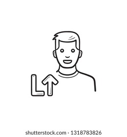 Video game player with level up arrow hand drawn outline doodle icon. Game achievement, level winner concept. Vector sketch illustration for print, web, mobile and infographics on white background.