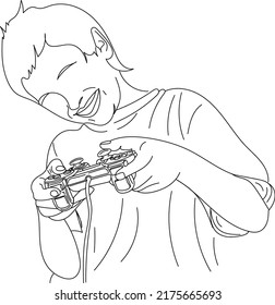 Video game playing kid vector, Sketch drawing of young boy holding video game remote, line art illustration of video game player