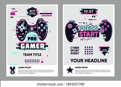 Video Game Posters Set. Gamer Competition Banners Template. Glitch Style Graphic With Console Gamepad. Vector Flyer Template For Cyber Battle.