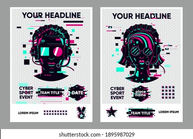 Video Game Posters Set. Gamer Competition Banners Template. Glitch Style Graphic With People. Vector Flyer Template For Cyber Battle.