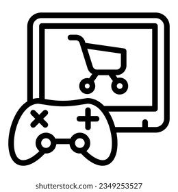 Video game purchase line icon. Game console and shopping cart vector illustration isolated on white. Game controller and trolley outline style designed for and app.