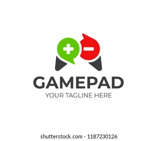 Video game rating logo design. Gamepad and review scores vector design. Joystick logotype