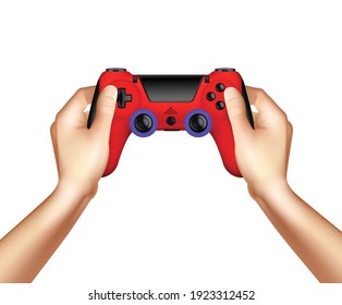 Video game realistic design concept with wireless gamepad controller in human hands on white background vector illustration