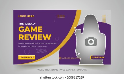 Video game review video thumbnail and web banner template. Editable video cover Template design for social media and web banner