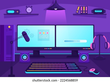 Video Game Room Interior with Android Mobile Computer and Comfortable Armchairs for Gamers in Flat Cartoon Hand Drawn Template Illustration