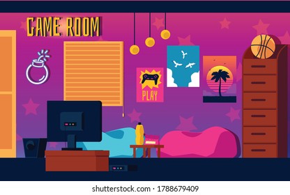 Video game room interior - cartoon banner of room with gamer equipment, colorful posters and bean bag chairs. Vector illustration of teen gaming den with neon design.