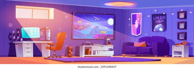 Video game room interior for playing and streaming. Cartoon vector of e-sport setup with computer, monitor and headphones on table, tv with console, neon elements on wall, sofa and furniture.