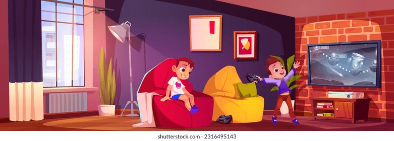 Sala de videojuegos para niños con tv y ilustración vectorial de dibujos animados de consola. Interiorismo de casa de jugador con personaje infantil. Los amigos de la escuela se relajan y compiten con el joystick en el sillón